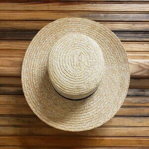 Urban Outfitters Discontinued Classic Straw Boater Hat Wide Brim w/ Black Ribbon